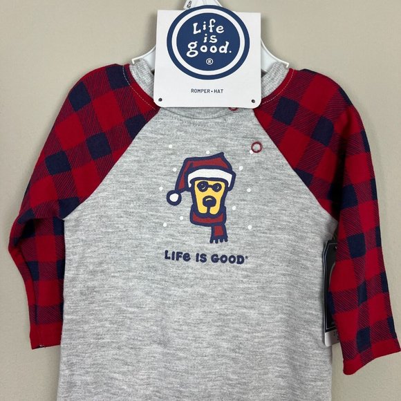 Life Is Good Romper Bodysuit Baby Boys 3-6 Month Plaid Snap Hat Holiday Dog New - Picture 2 of 12